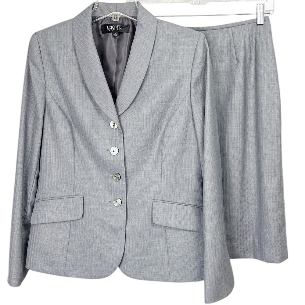 Kasper Herringbone Skirt Suit Set Women's 6 Gray Business Professional‎ Wear